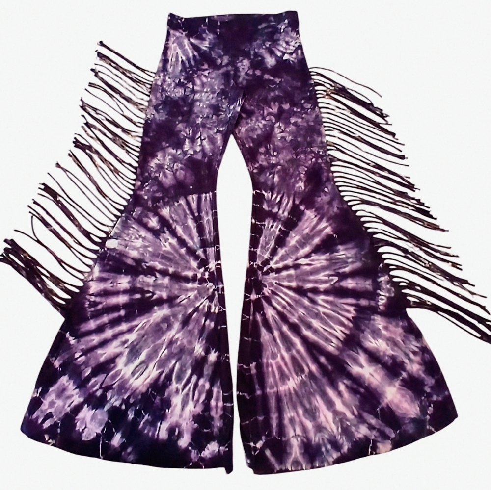 SHORT LENGTH Tie Dye High Waisted Fringe Bell Bottoms - Festival Tie Dyed Bells - Picture 3 of 15
